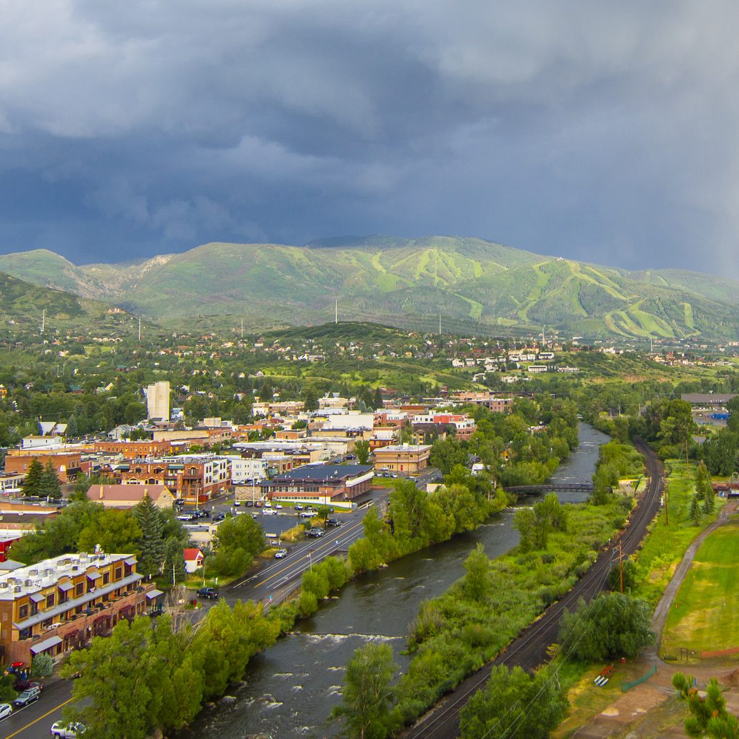 Steamboat Springs Overshot of town in summer with morning mist and rain