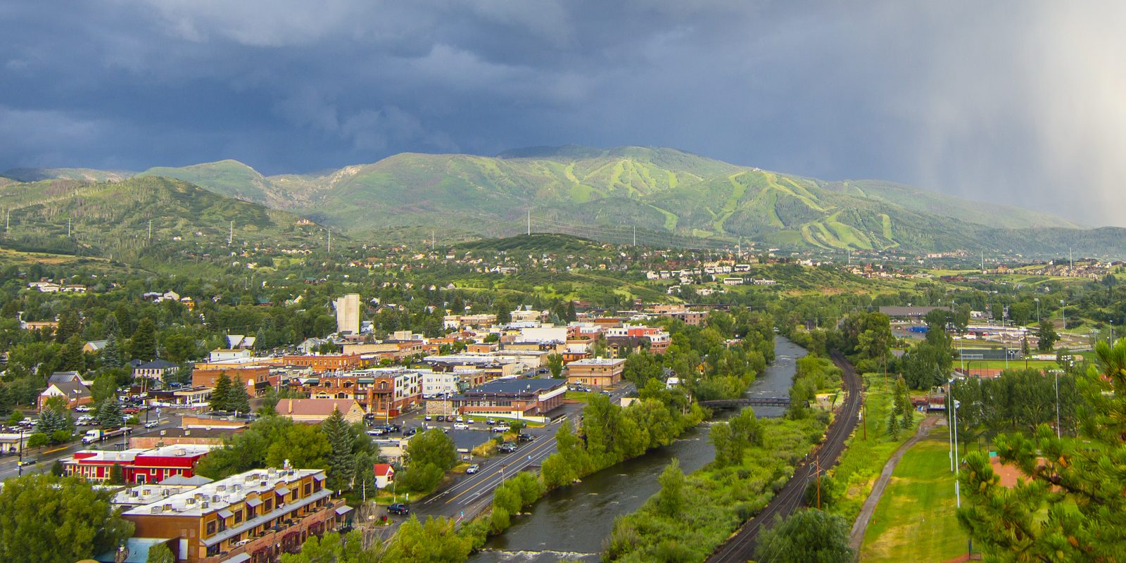 Steamboat Springs Overshot of town in summer with morning mist and rain