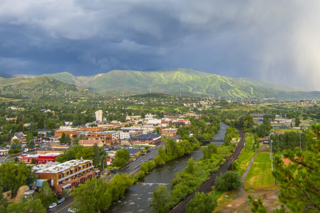 Steamboat Springs Overshot of town in summer with morning mist and rain