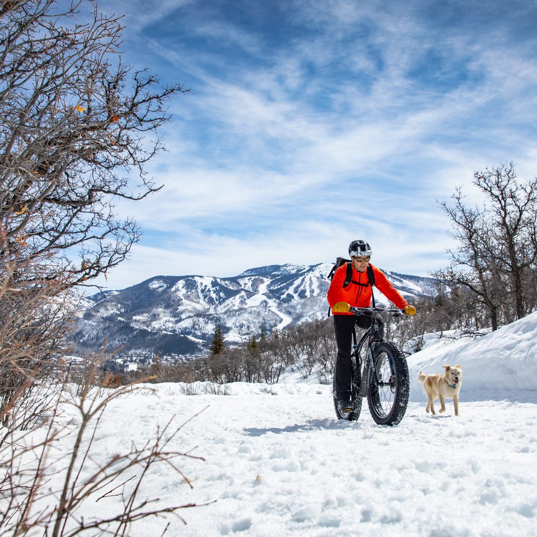 Winter Mountain Biking Through Yampa Valley with dog