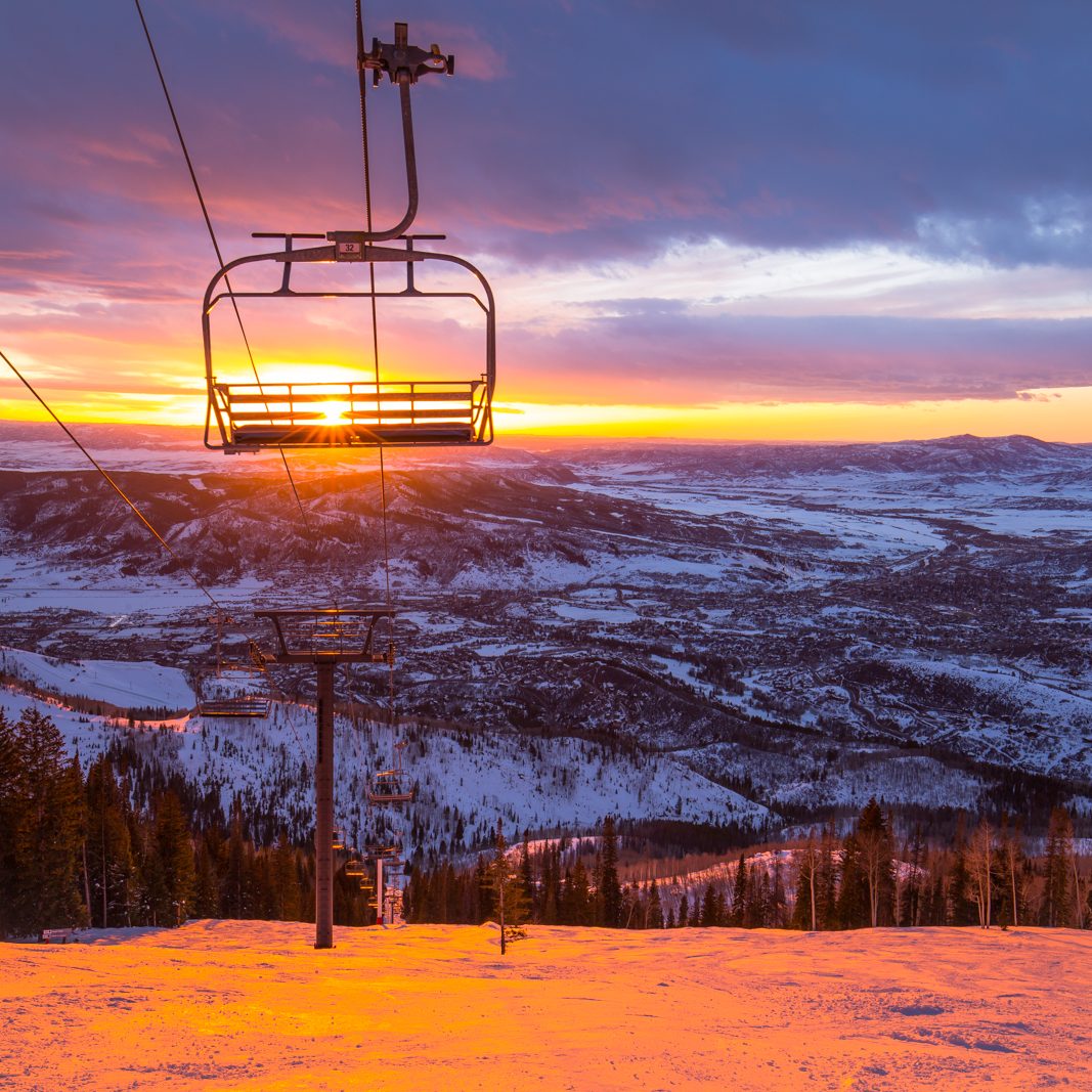 Ski Lift on Steamboat Mountain during winter sunrise